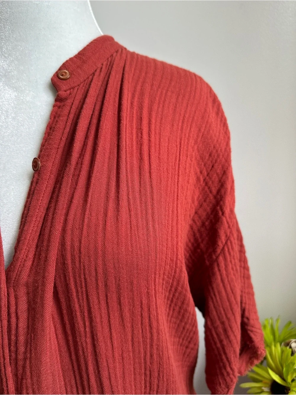 Eileen Fisher Brick Red Crinkle Button-Front Dress - Picture 2 of 11